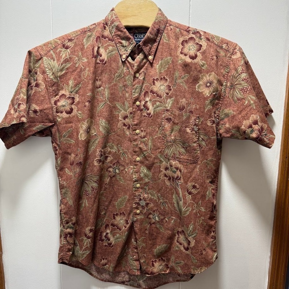 Chaps Ralph Lauren Mens Large Floral Button Down Shirt Short Sleeve Red Tan Vtg